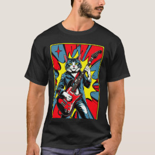 Camiseta Arte Pop Retro Vintage Gato Toca Guitarra Elétrica