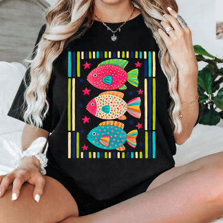 Camiseta Arte Popular Colorida de Peixes Tropicais Costa Oc