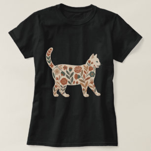 Camiseta Arte Popular Desenho de Silhueta de Gato Floral