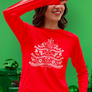 Camiseta Arte Popular Escandinava Branca Árvore de Natal Nó