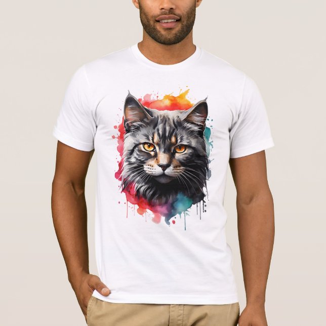 Camiseta Arte Por Aquarela De Cinzas Felinas Gatinhos Com T (Frente)