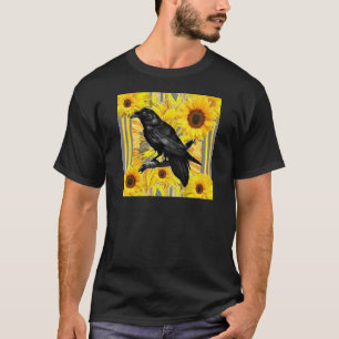 Camiseta arte preta floral amarela do corvo & dos girassói
