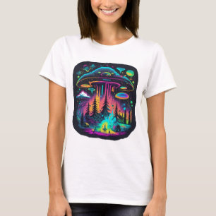Camiseta Arte Psicodélica Cena OVNI Neon e Alien