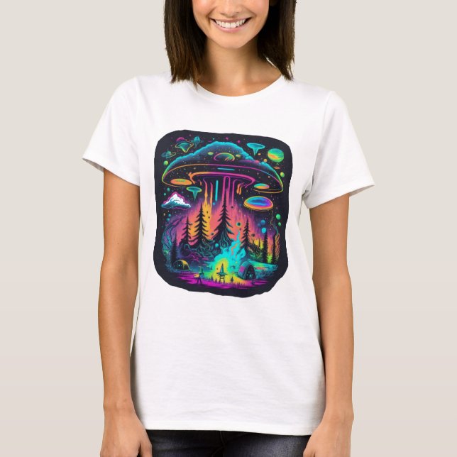 Camiseta Arte Psicodélico de Cena de UFO e Alien Neon (Frente)