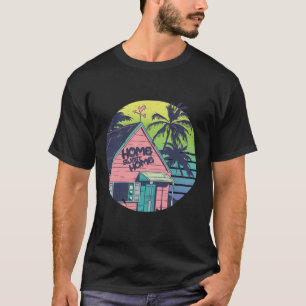 Camiseta Arte retrô de casa de ilha tropical ao pôr do sol