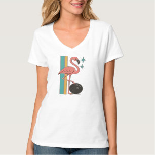 Camiseta Arte Retro de Flamingo de Boliche Estilo Meados do