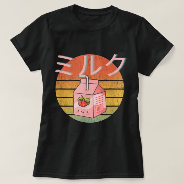 Camiseta Arte Retro de Leite de Morango Kawaii (Frente do Design)