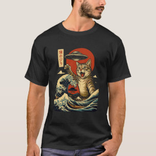 Camiseta Arte Retro de Onda de UFO Kaiju de Gato Japonês