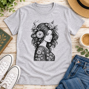 Camiseta Arte Romântica Floral Feminina em Linhas