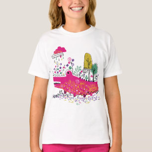 Camiseta Arte Selvagem de Crocodilo Desenhado à Mão