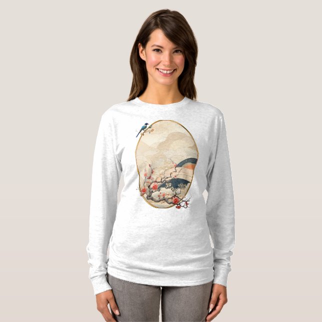 Camiseta Arte Surrealista com Flores e Aves (Frente Completa)
