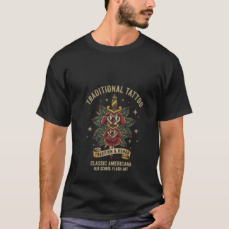 Camiseta Arte Tradicional de Tatuagem Old School Rosa Adaga