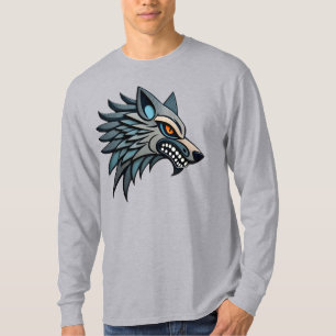 Camiseta Arte Tribal Estilizada de Lobo com Olhos Laranja