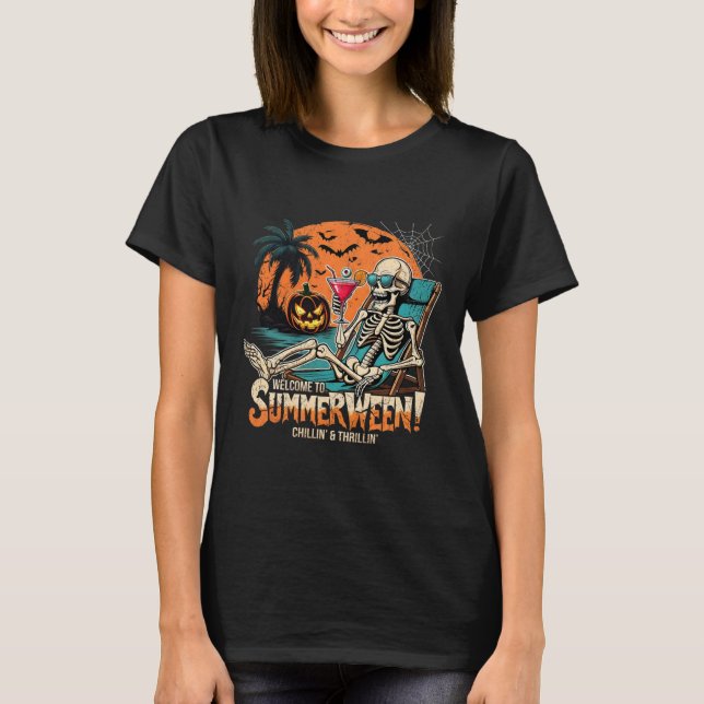 Camiseta Arte Tropical de Halloween de Skeleton Beach (Frente)