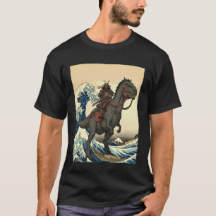 Camiseta Arte Ukiyo-e Japonês Grande Onda Samurai Gato Dino