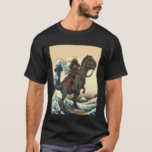 Camiseta Arte Ukiyo-e Japonês Grande Onda Samurai Gato Dino