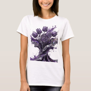 Camiseta Arte Vestível Fusão Floral Roxa Prata Fresca