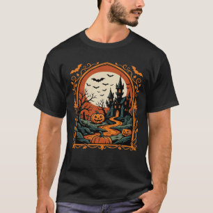 Camiseta Arte Vetorial de Abóbora Lua Castelo Assombrado de