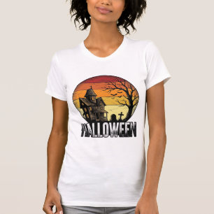 Camiseta Arte Vetorial de Casa Assombrada no pôr do sol de