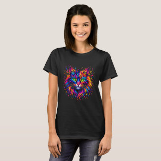 Camiseta Arte Vibrante de Gato com Chuvisco de Neon em Arco