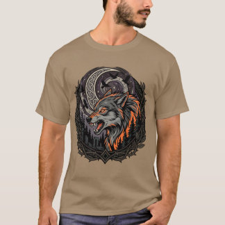 Camiseta Arte Viking de Lua do Lobo Nórdico Feroz e Corvo