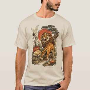 Camiseta Arte Vintage do Grou e Leão Japonês - Linocut Retr