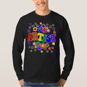 Camiseta ARTIST-Retro Groovy Vintage, Flores, Corações, Est