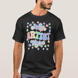 Camiseta ARTIST-Retro Groovy Vintage, Flores, Corações, Est