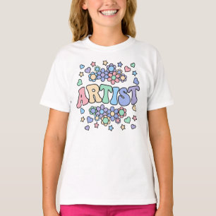 Camiseta ARTIST-Retro Groovy Vintage, Flores, Corações, Est