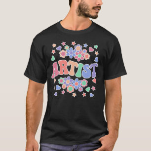 Camiseta ARTIST-Retro Groovy Vintage, Flores, Corações, Est