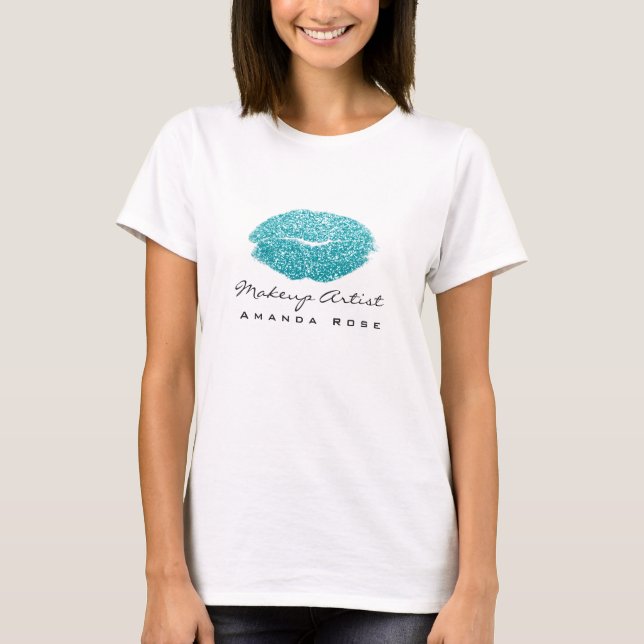 Camiseta Artista Branca Beijo Lábios Teal Ocean Glitter (Frente)