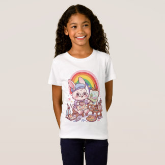 Camiseta Artista de Coelho Fofo Pintando com Arco-íris Kawa