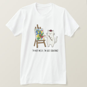 Camiseta Artista de Desenho Animado de Gato Branco Pintando