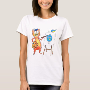 Camiseta Artista Whimsic Cat pintando um pássaro