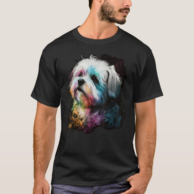 Camiseta Artistic Colorful Pop painted Maltese dog (Frente)