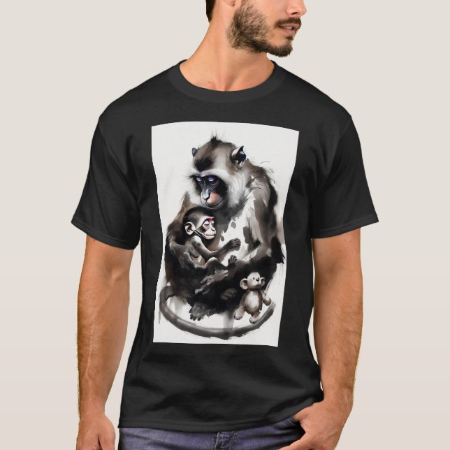 Camiseta Artistic Mother and Baby Monkey Ink Wash Illustrat (Frente)