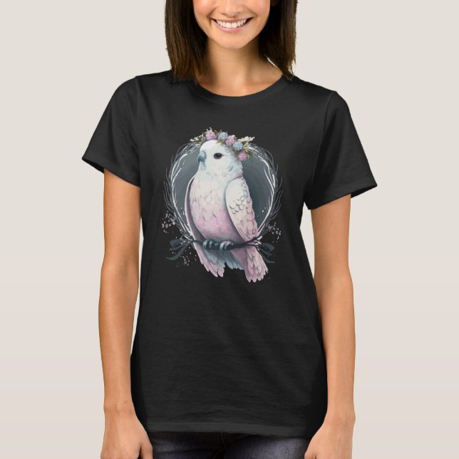 Camiseta Artistic White Parakeet Budgie Bird Flower Crown P (Frente)