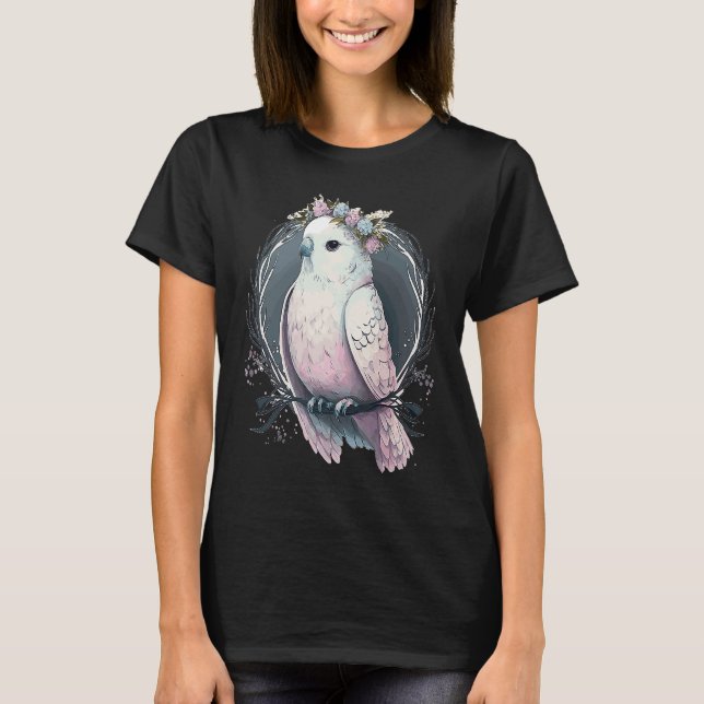 Camiseta Artistic White Parakeet Budgie Bird Flower Crown P (Frente)