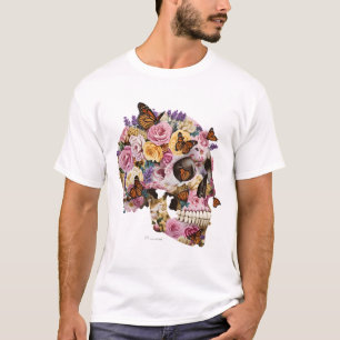 Camiseta Artística Crânio Floral e Borboletas Mona