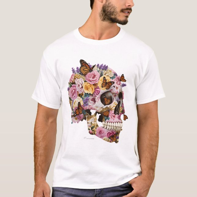 Camiseta Artística Crânio Floral e Borboletas Mona (Frente)