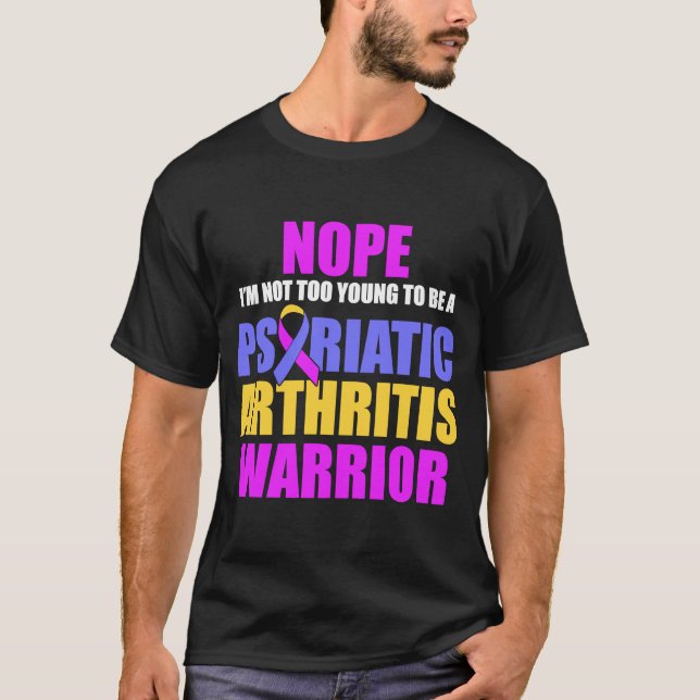 Camiseta Artrite Psoriática PSA Demasiado Jovens Guerreiros (Frente)