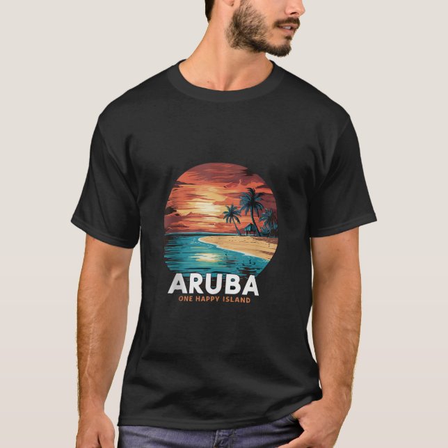Camiseta Aruba One Happy Island linda praia por pôr do sol  (Frente)
