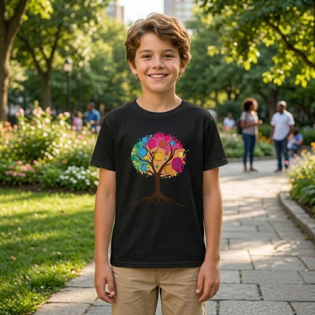 Camiseta Árvore abstrata com raízes e folhas coloridas. (Abstract tree with roots and colorful leaves. Boy Basic Black T-Shirt)