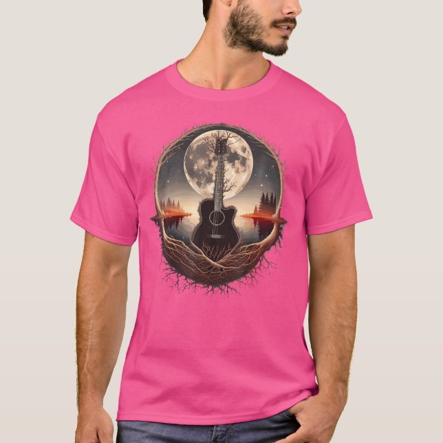 Camiseta Árvore Acústica De Violão E Lua Pelo Lago Guitaris (Frente)