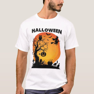 Camiseta Árvore Assustadora do Halloween Bruxa Voadora Lua 