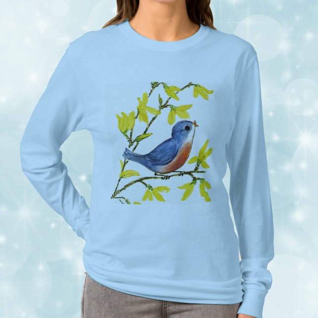 Camiseta Árvore azul de pássaro cante bonito (Pretty blue red bird on branch with bright yellow flowers on woman's long sleeve shirt.)