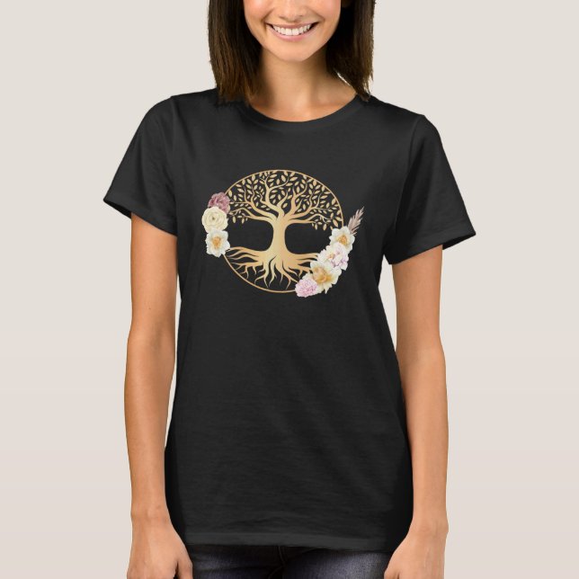 Camiseta Árvore Boho da Vida Com Flores Floral Espírito Cel (Frente)