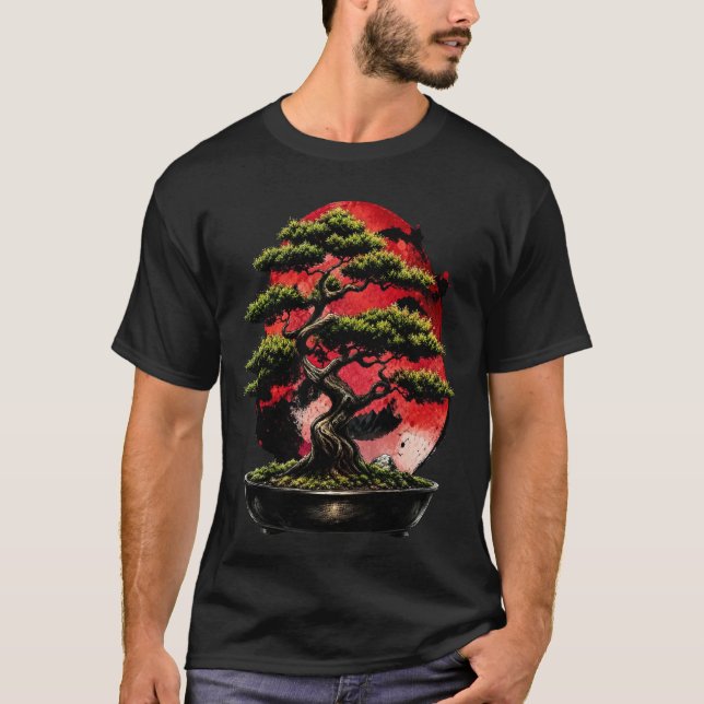 Camiseta Árvore Bonsai Japonesa com Lua Vermelha (Frente)