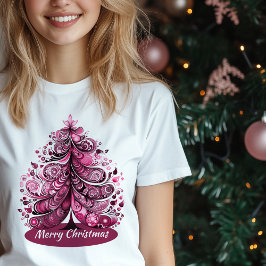 Camiseta Árvore branca de Natal rosa feliz Nouveau