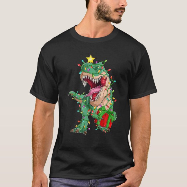 Camiseta Árvore das Luzes da Árvore do Dinossaur Xmas - Sal (Frente)